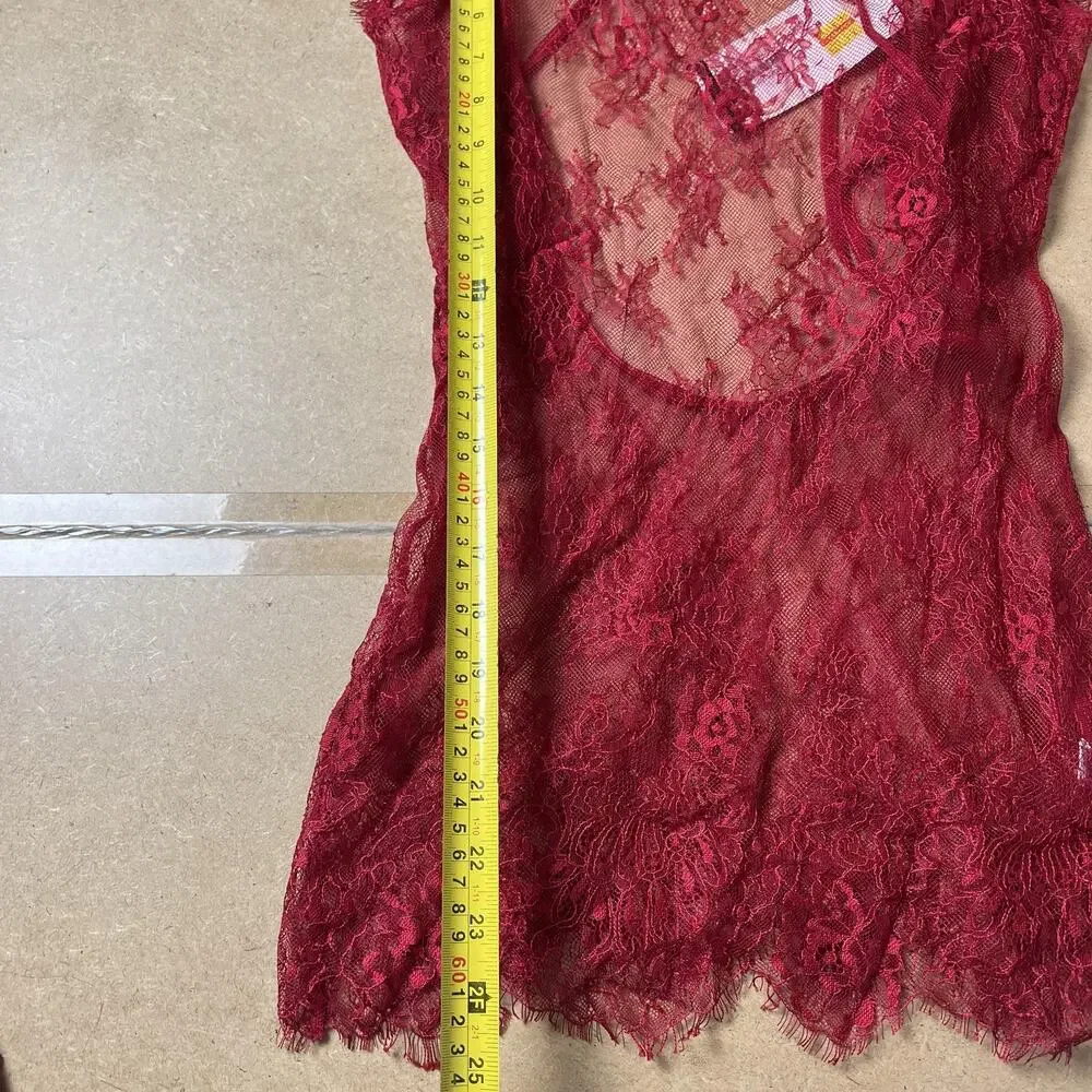 Shirley Chemise Womens S Red Lace Sheer Short Sleeve Scalloped Hem Sexy